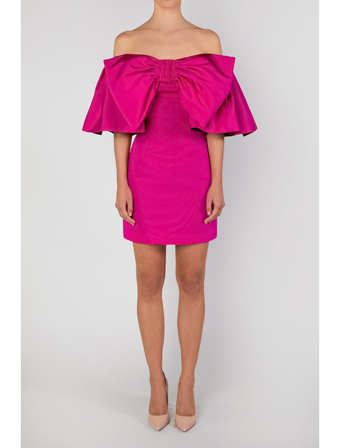 Abito da sera a trapezio, elegante, da sposa, cocktail party, lungo fino al pavimento, manica corta, spalle scoperte, taffetà staccabile con fiocco/i, gonna sopra